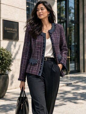 Trina Turk Tweed Jacket Multicolor Fringe Size 12 Career Chic Blazer Quiet Luxe